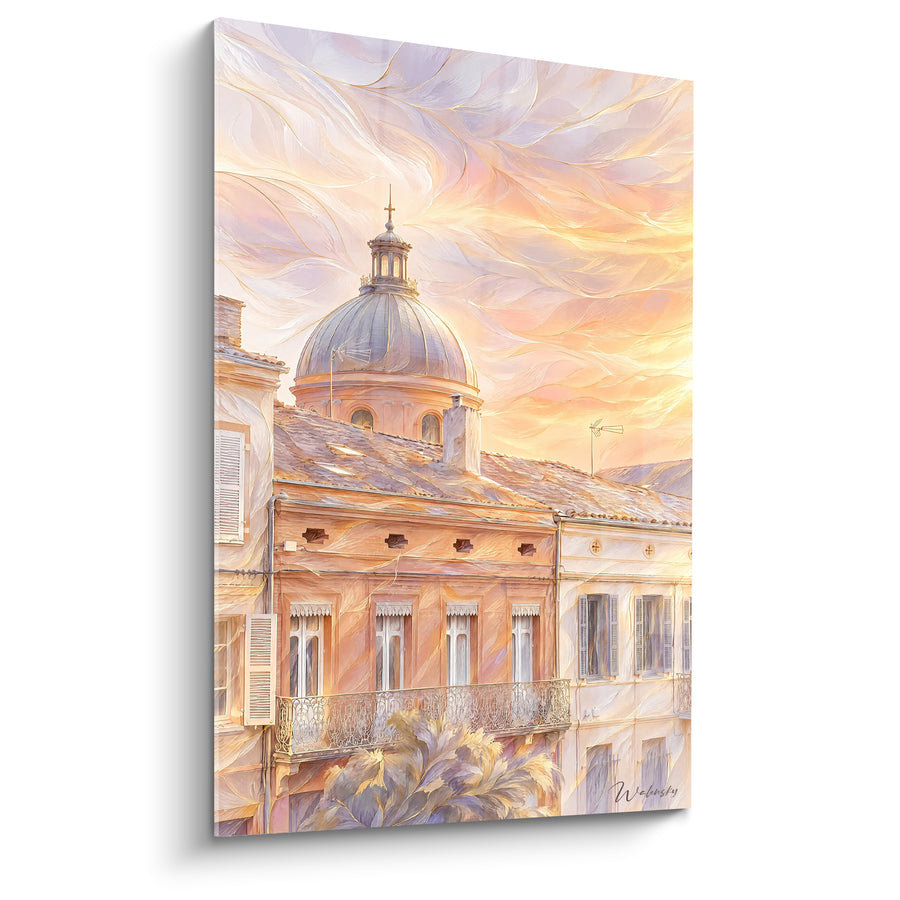 Schilderij Koepel van Toulouse terracotta en goud tijdens de schemering - Schemering over de daken - Editie Toulouse Occitanie Frankrijk