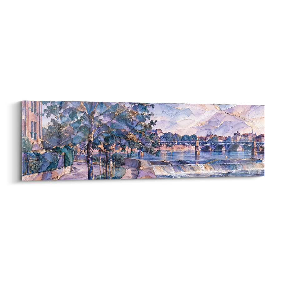 Schilderij Barrage van de Garonne paars en goud langs het water - Beschaduwde kade en voetgangersbrug - Editie Toulouse Occitanie Frankrijk