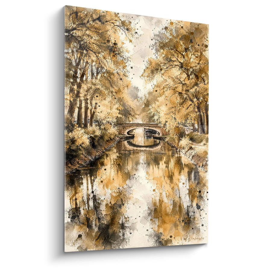 Schilderij Oude brug over gouden en okerkleurige gracht - Herfstwandeling - Editie Toulouse Occitanie Frankrijk