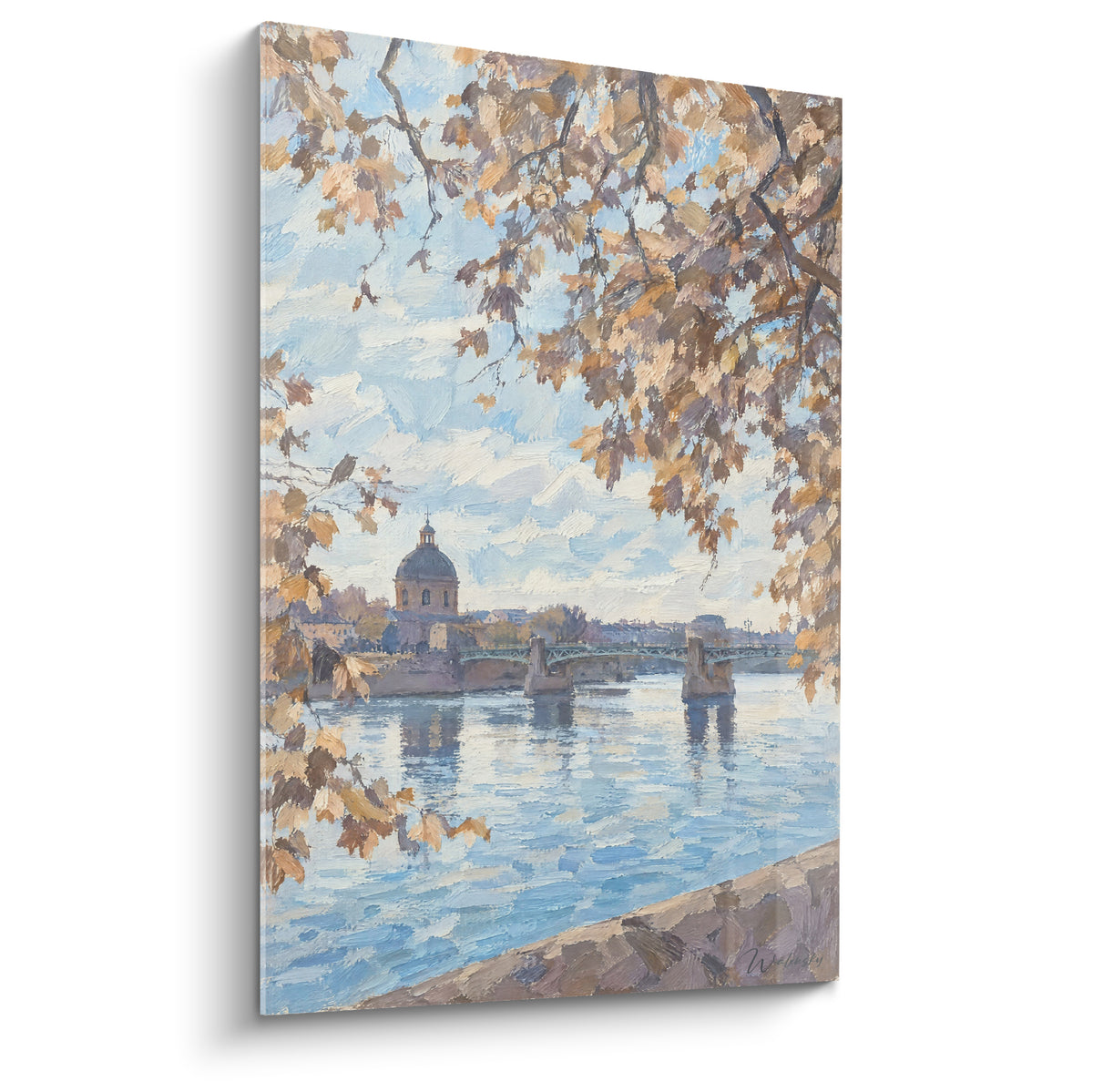 Schilderij stenen brug over de Garonne, koepel van Toulouse, okerkleurig gebladerte en pastelblauwe lucht geschilderd met dikke penseelstreken