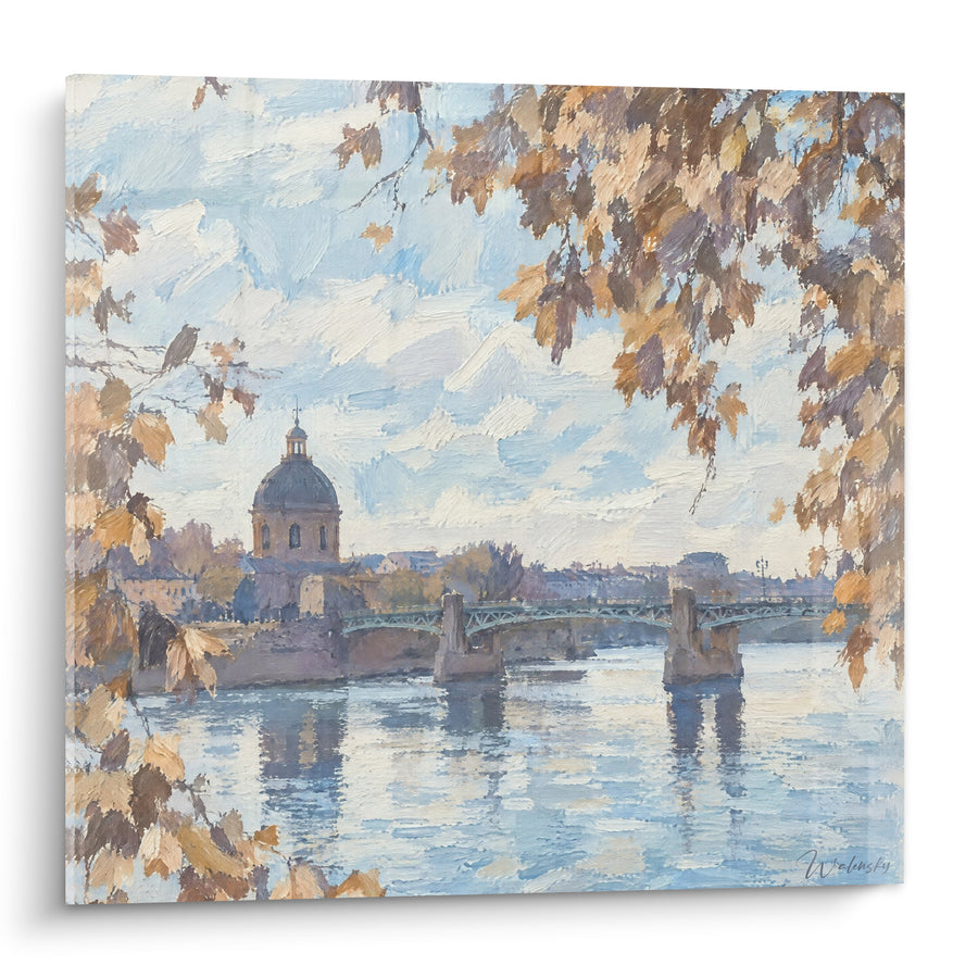 Schilderij Pont Saint-Pierre blauw en oker op de Garonne - Herfstwandeling - Editie Toulouse Occitanie Frankrijk