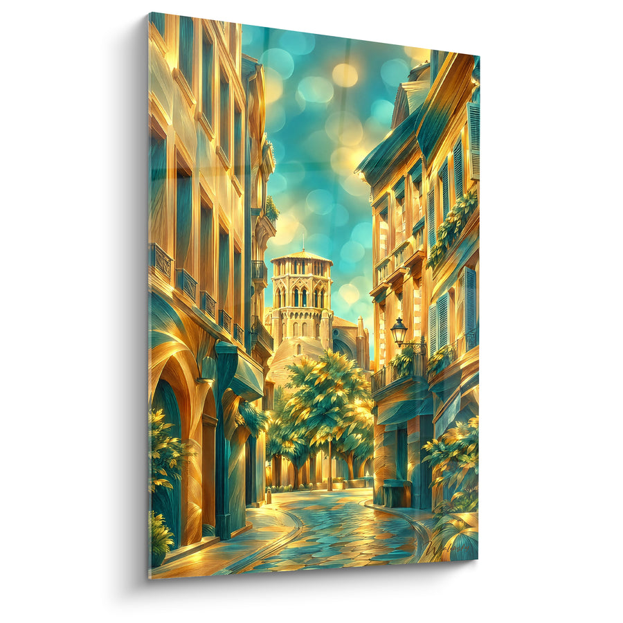 Schilderij Gouden straat met turquoise gevels - Zonnige wandeling - Editie Toulouse Occitanie Frankrijk