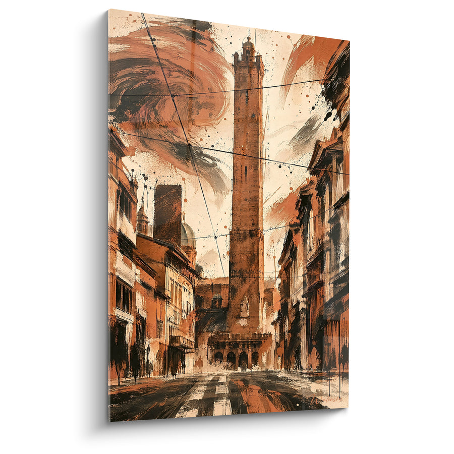 Tableau Tour penchée aux teintes terracotta et noir - Vertige bolonais - Edition Tour Asinelli Émilie-Romagne Italie