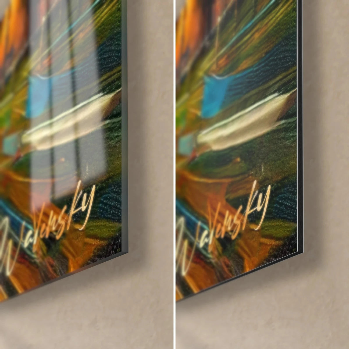 Gemälde Denkmal von Pisa in Ölmalerei, unten rechts: glänzendes Acrylglas mit Spiegelungen, mattes Dibond, 3 mm Kante