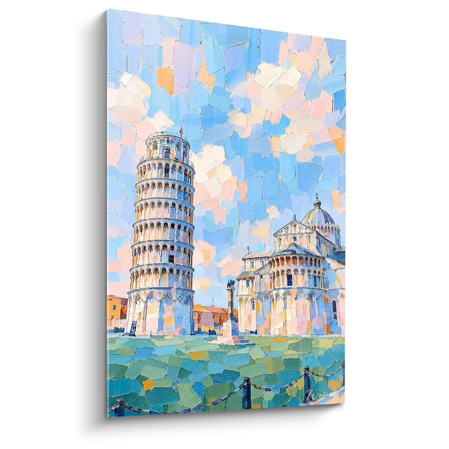 Schilderij Toren van Pisa okergeel en pastelhemel - Ochtend op het plein - Editie Toren van Pisa Toscane Italië