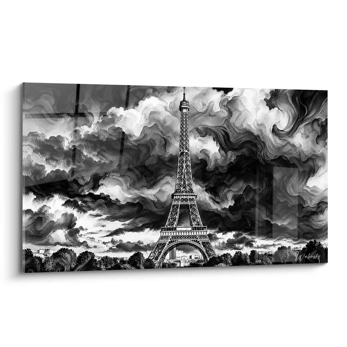 Tableau Tour Eiffel se dressant en noir et blanc sous des nuages anthracite tourbillonnants, traitement graphique dramatique