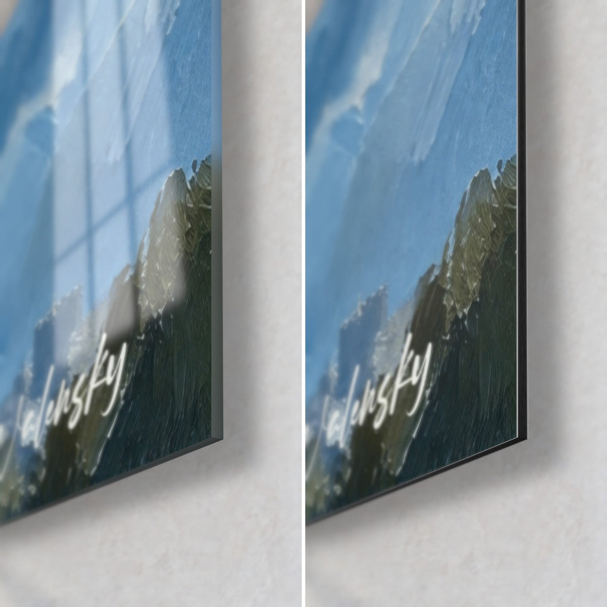 Wall art Eiffel Tower, bottom right corner: glossy acrylic glass with sky-blue reflections, matte dark green Dibond, 3 mm edge thickness