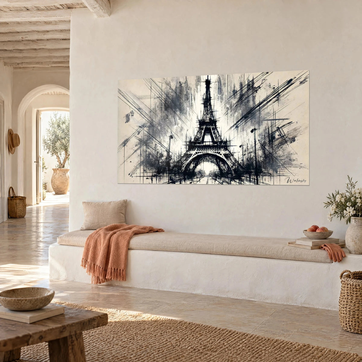 Tableau dame de fer griffonnée de traits noirs et de lavis gris sur papier ivoire, banquette blanche et plaid corail