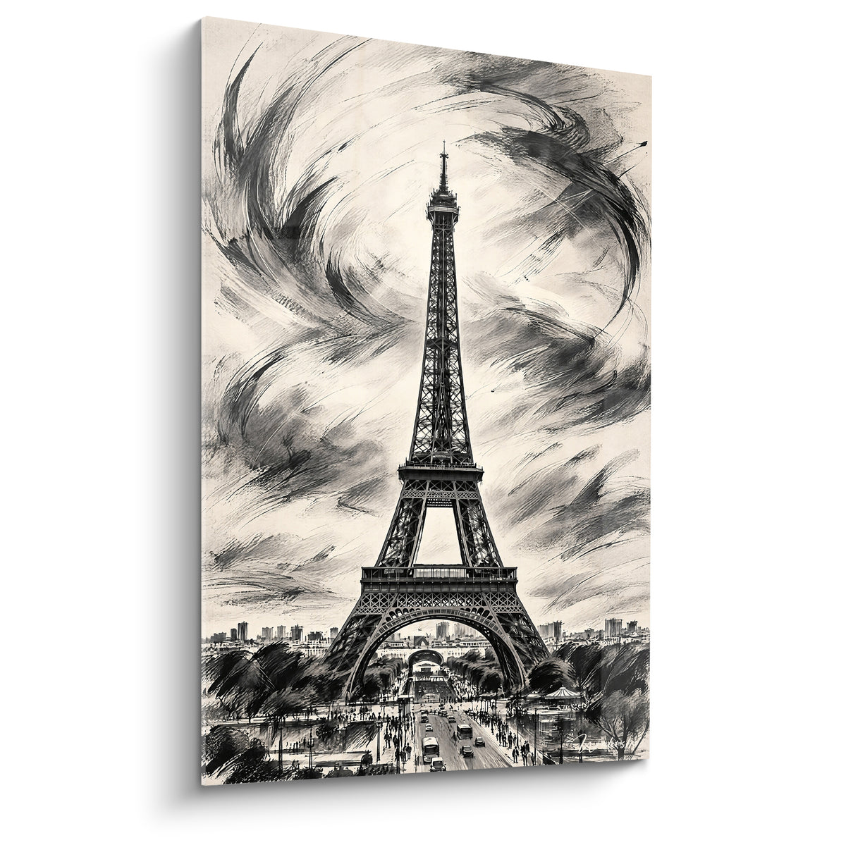 Tableau tour Eiffel esquissée en noir et beige, ciel tourbillonnant façon fusain parisien