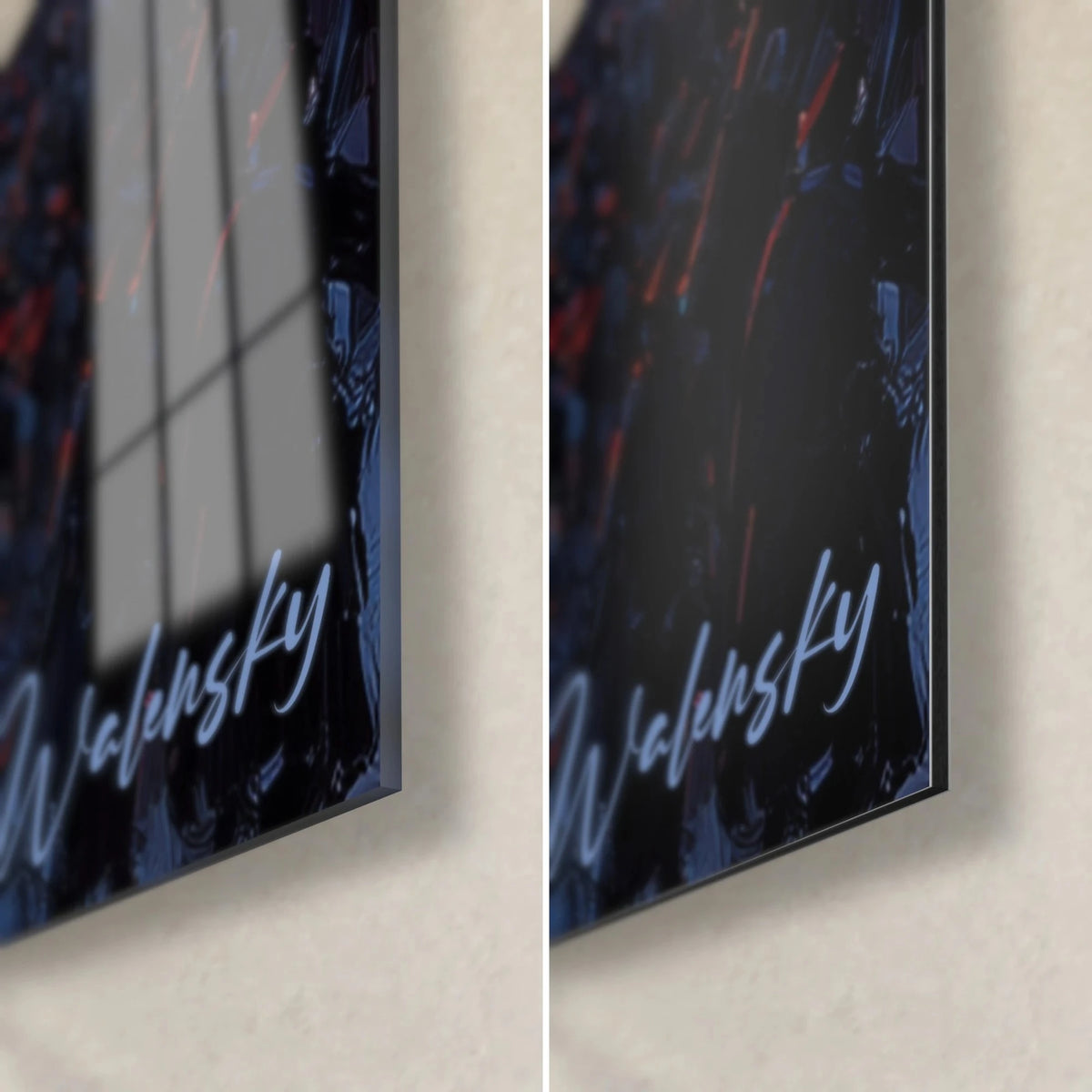 Schilderij Parijs in vuur en vlam van rood en nachtblauw, rechtsonder: glanzend acrylglas links, mat Dibond-aluminium rechts