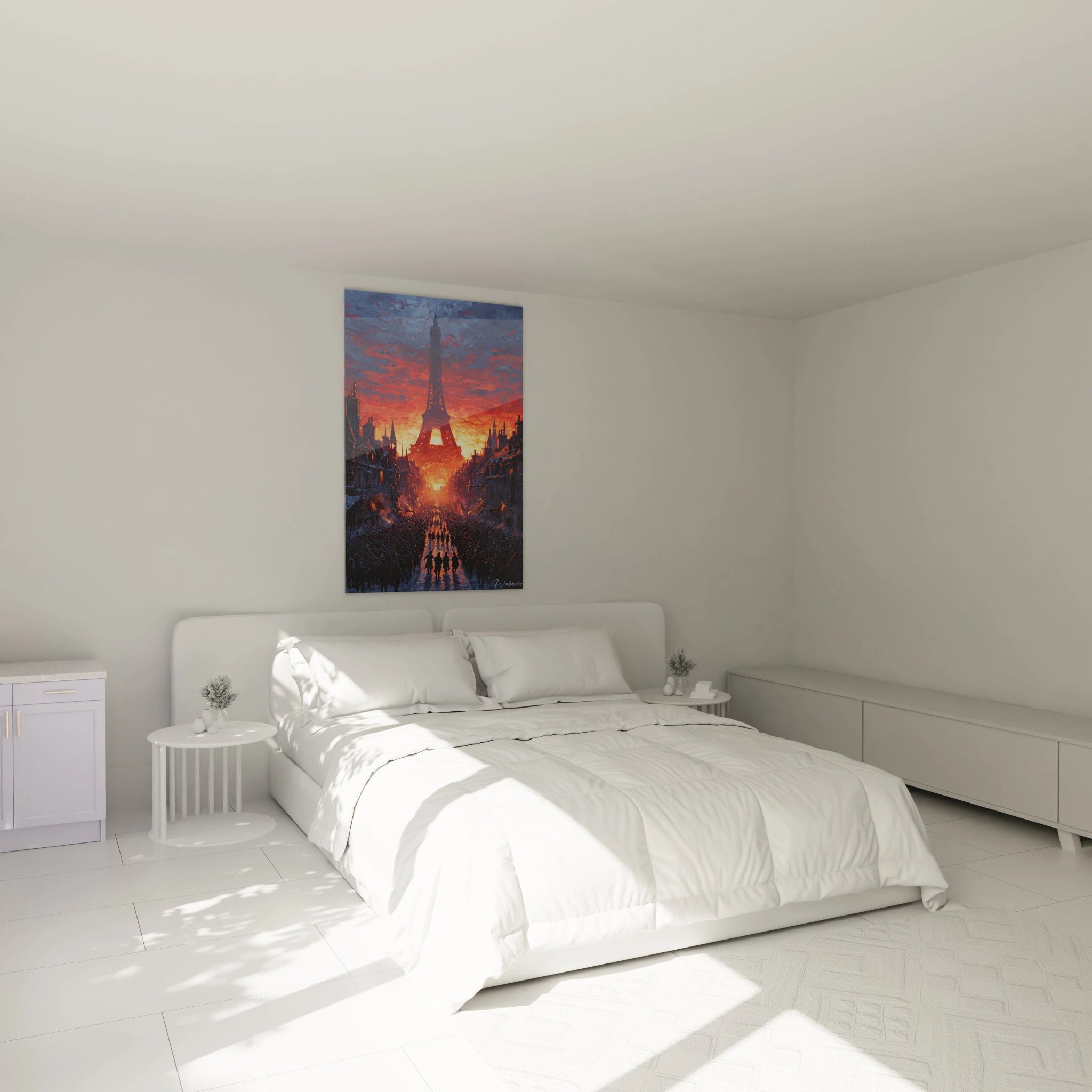 Walensky tableau Tour Eiffel révolution française affiché au dessus d un lit blanc minimaliste