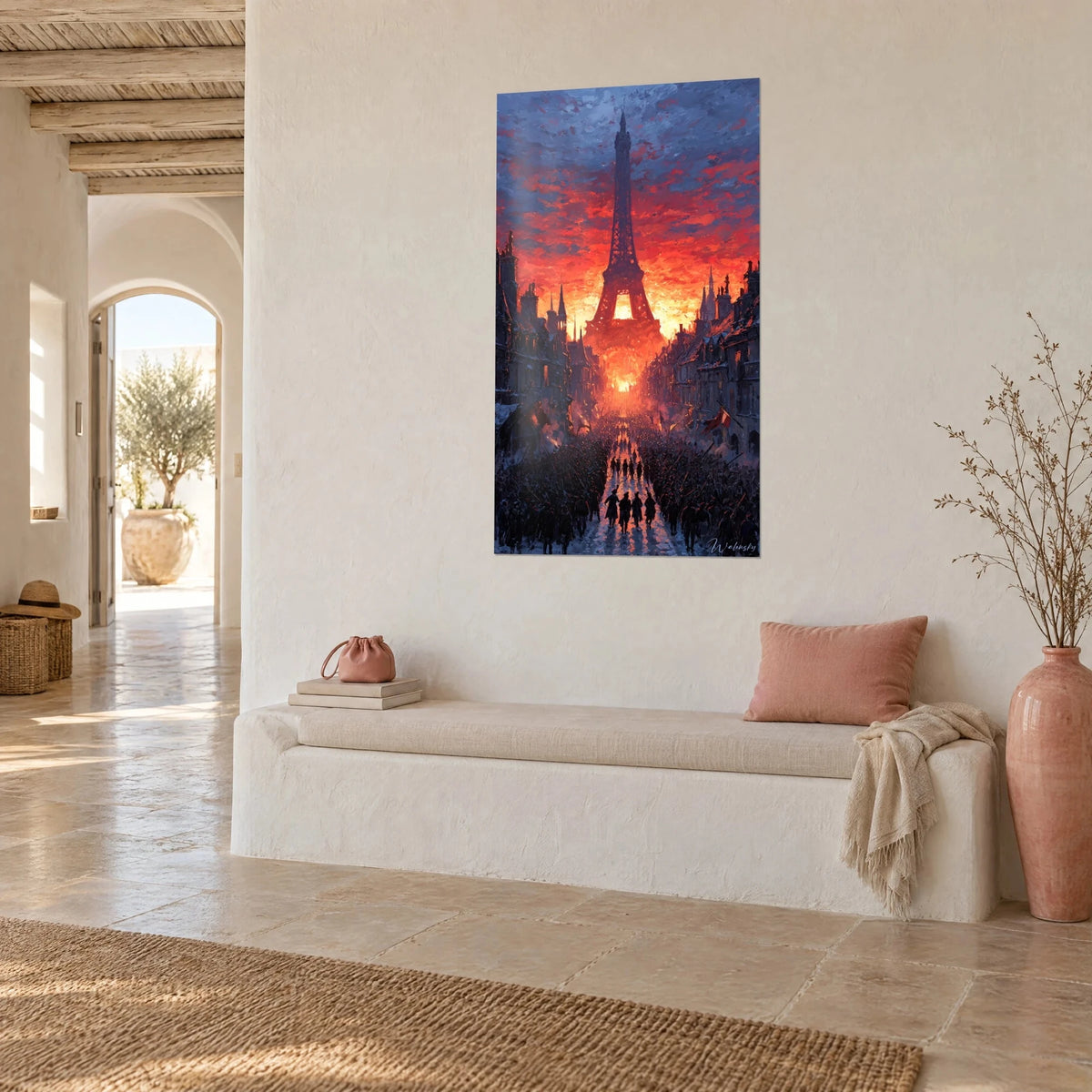 Schilderij ijzeren silhouet van een toren tegen een oranje en indigo hemel, laan met soldaten, driekwart aanzicht, gewitte Mediterrane woning
