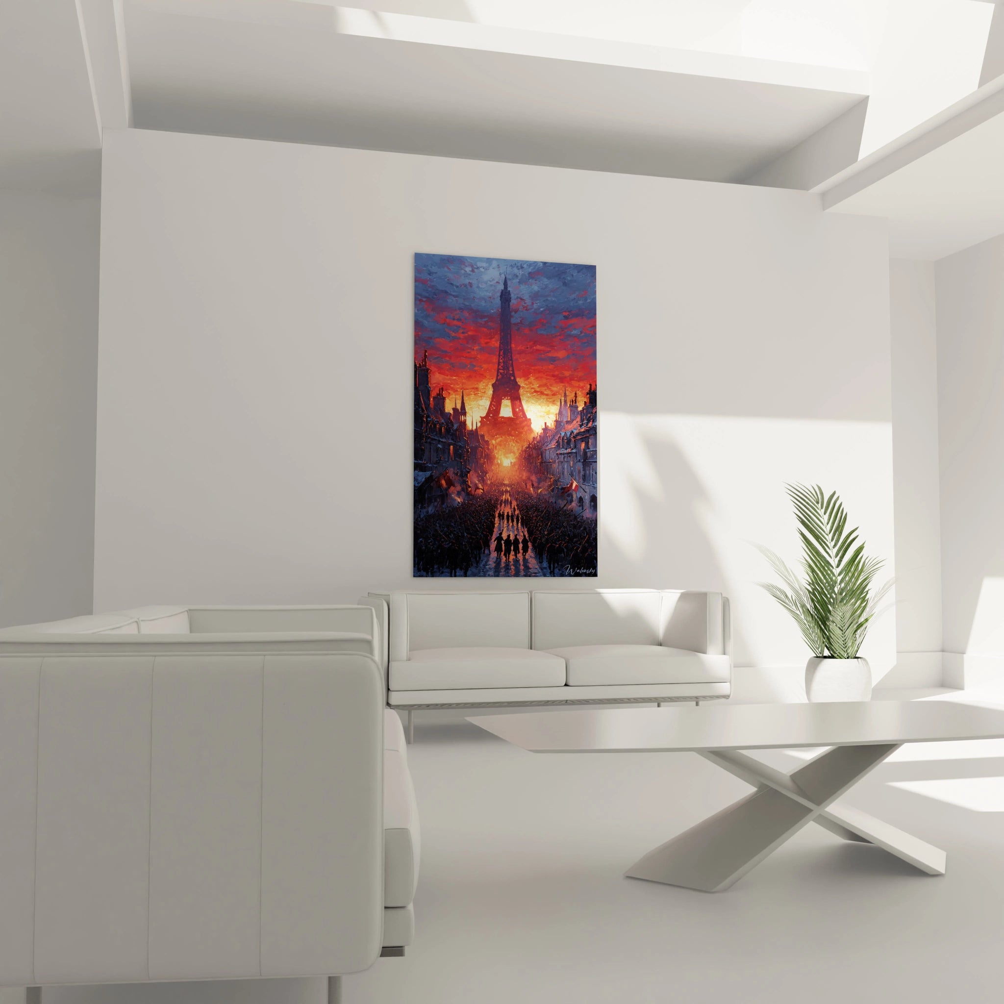Walensky tableau mural tableau Tour Eiffel révolution française au coucher de soleil ambiance dramatique dans salon minimaliste
