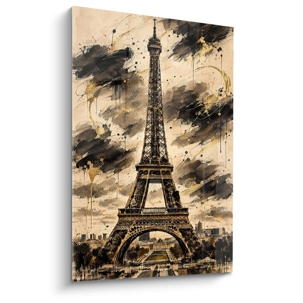 Schilderij van de Eiffeltoren sepia met gouden wolken - Storm boven Parijs - Editie Eiffeltoren Île-de-France Frankrijk