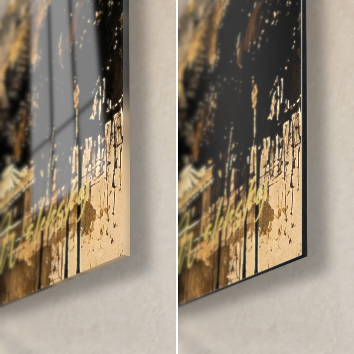 Schilderij ijzeren monument in sepia, rechtsonder: glanzend glas met reflecties links, mat zwart Dibond rechts, rand van 3 mm