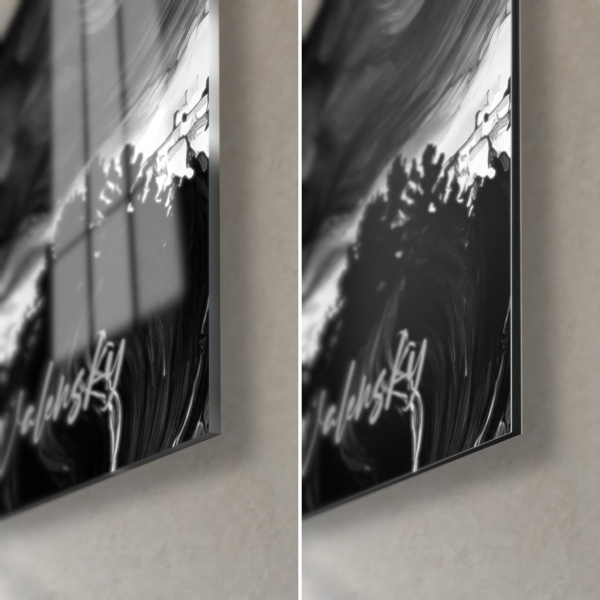 Tableau Tour Eiffel en encre noire et blanche, coin bas droit, signature Walensky, tranche de 3 mm, verre brillant et Dibond mat