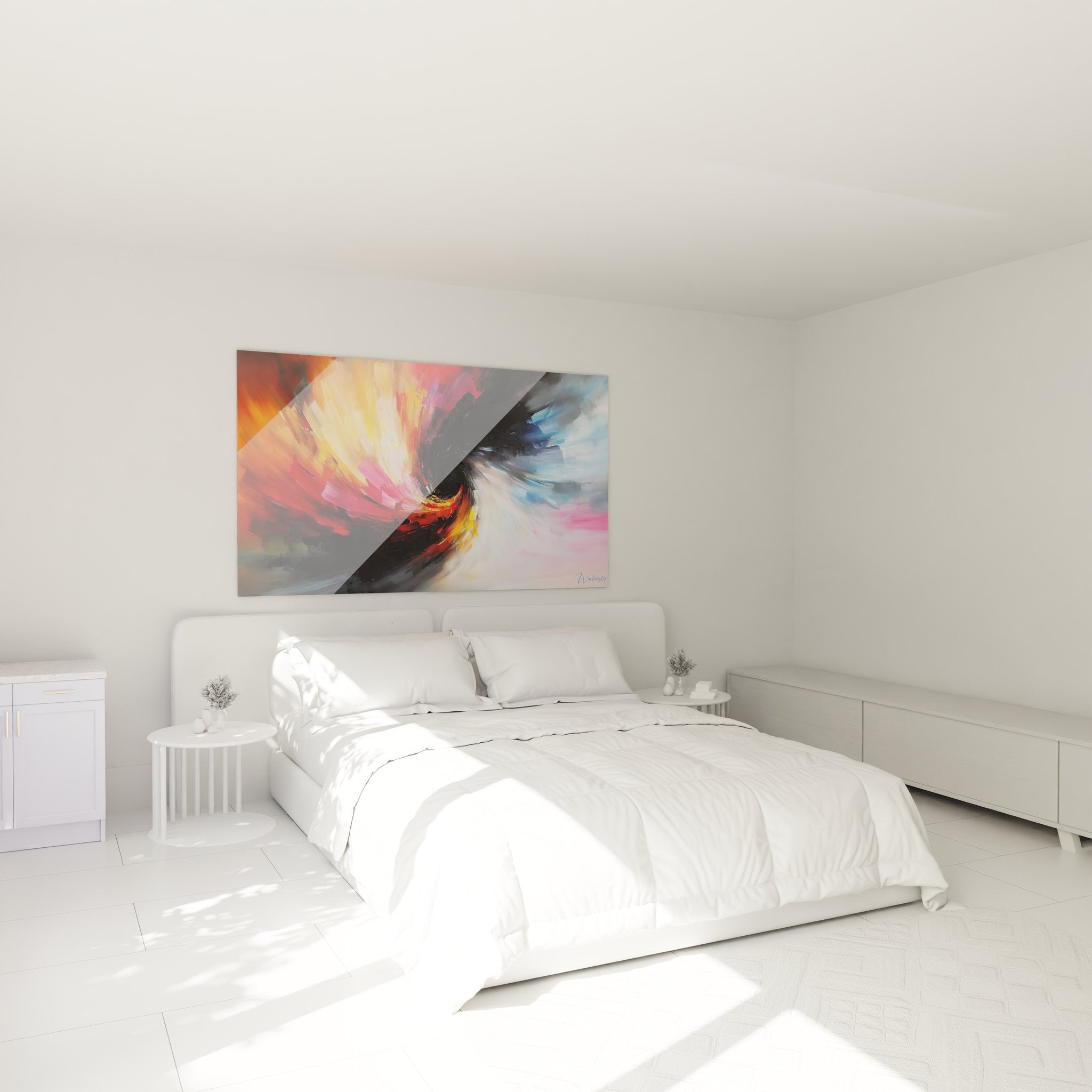 Tableau tourbillon abstrait installé dans chambre moderne avec spirale colorée décorative