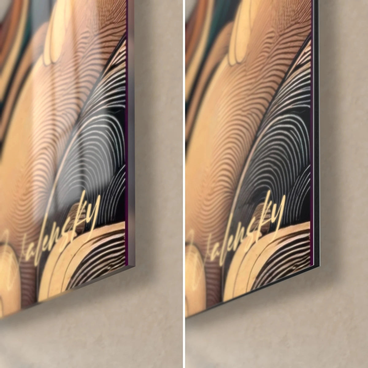 Schilderij van een ballerina in een scharlakenrode jurk met pioenrozen, rechtsonder hoek van glanzend glas en mat Dibond, 3 mm rand, crème krullen