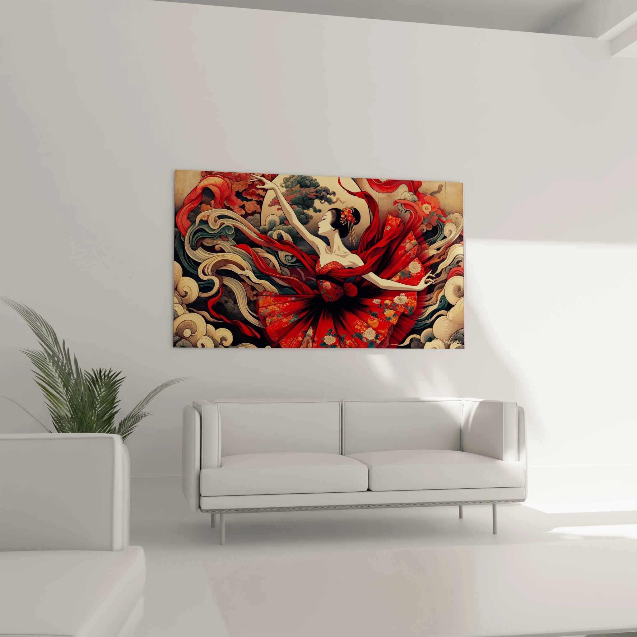 tableau asie dans un salon au-dessus d’un canapé couleurs rouges bleues et dorées danseuse gracieuse rubans ondulants scène captivante et idéale pour un décor raffiné

