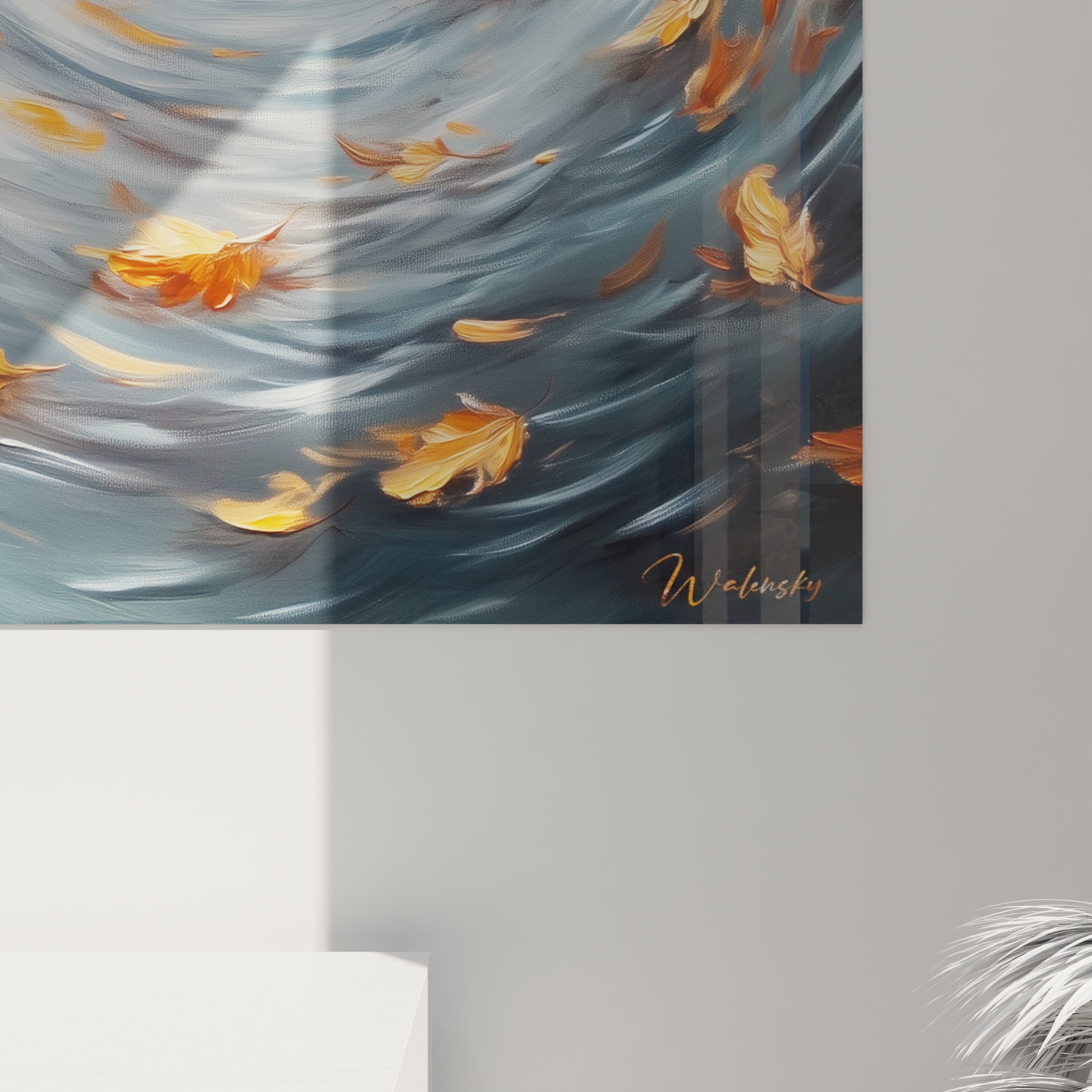 Tableau expressionniste abstrait de Walensky avec des feuilles d'automne flottant sur un fond bleu