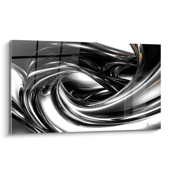 Metallic swirl wall art with silver reflections, fluid abstract spirals for modern decor