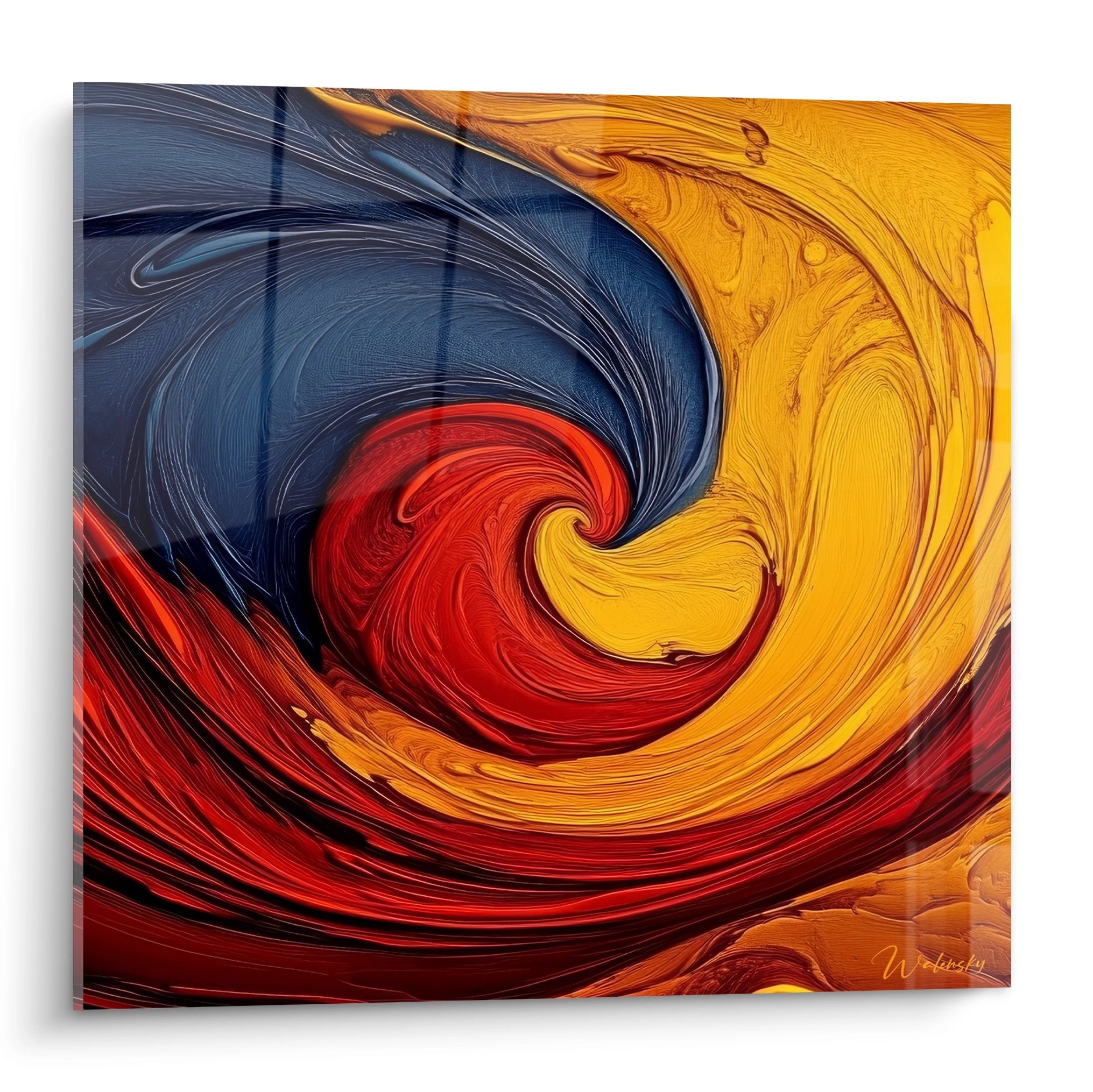 Tableau mural tourbillon multicolore spirale abstrait aux couleurs chaudes orange rouge bleu moderne