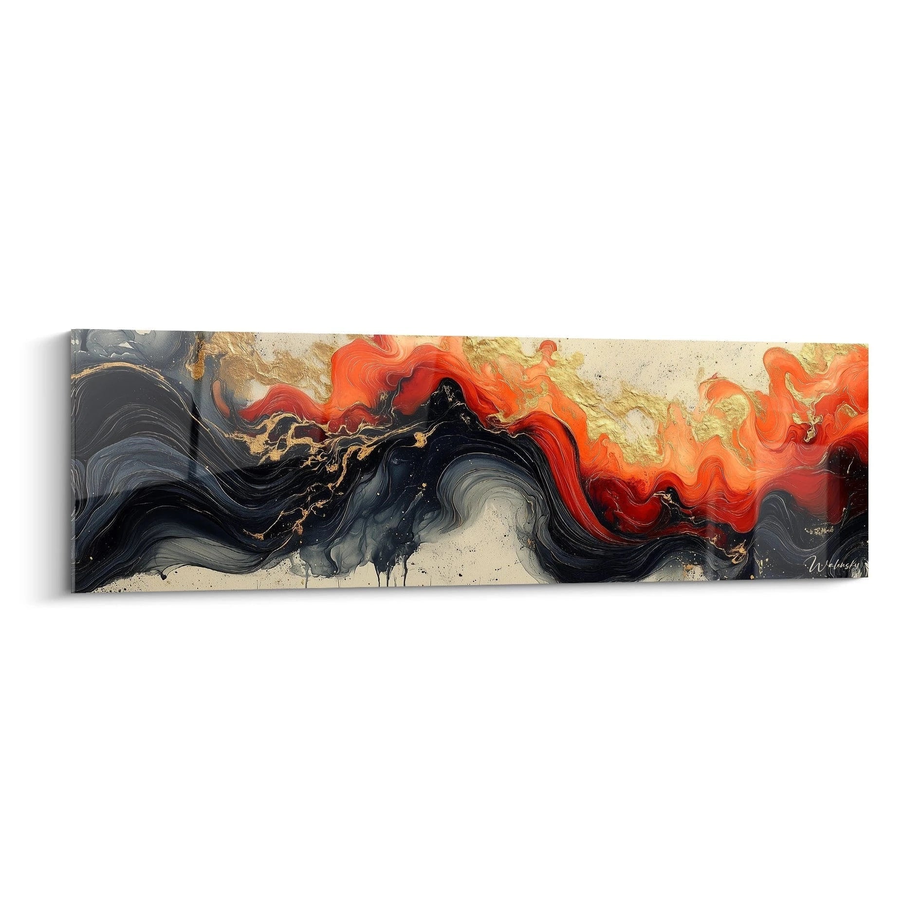 Tableau expressionniste abstrait de Walensky avec des couleurs vives et des motifs fluides en noir, rouge et or