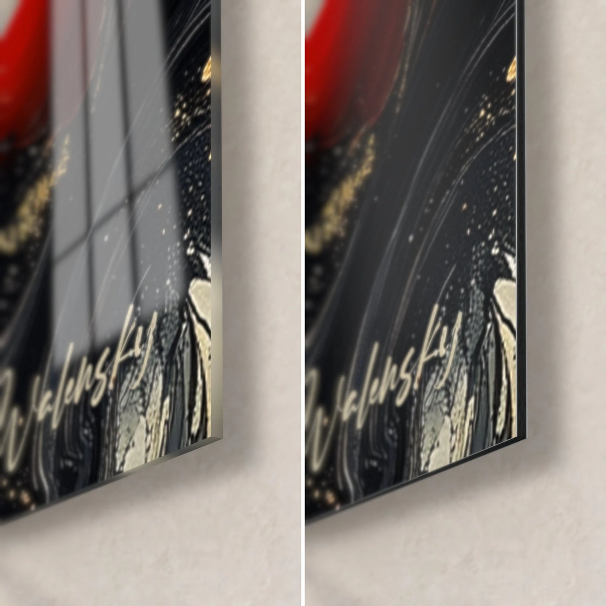 Tableau tourbillon noir et orange, coin bas droit : verre acrylique brillant à gauche, alu Dibond mat à droite, tranche de 3 mm
