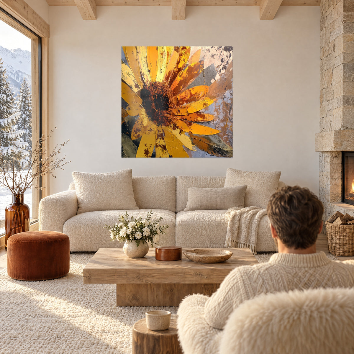 Quadro girasole con petali giallo zafferano e marrone ruggine in pasta spessa, osservato da due persone di spalle, sopra un divano in un soggiorno luminoso