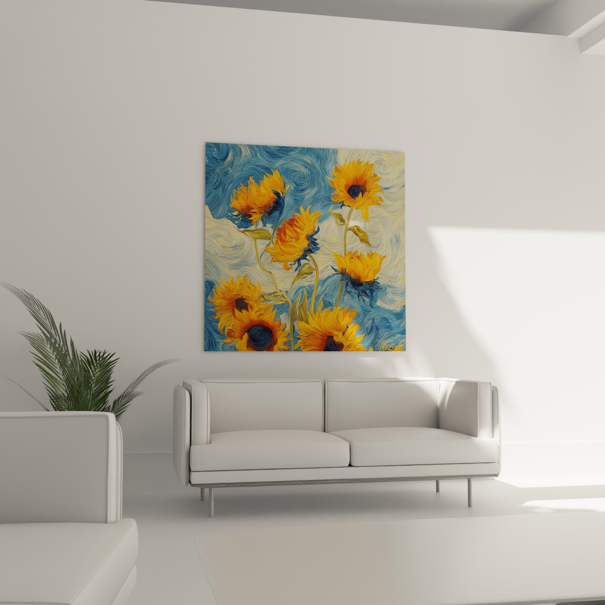 Fleurs de tournesol jaune doré et bleu marine ondulantes, au-dessus d'un canapé dans un salon lumineux
