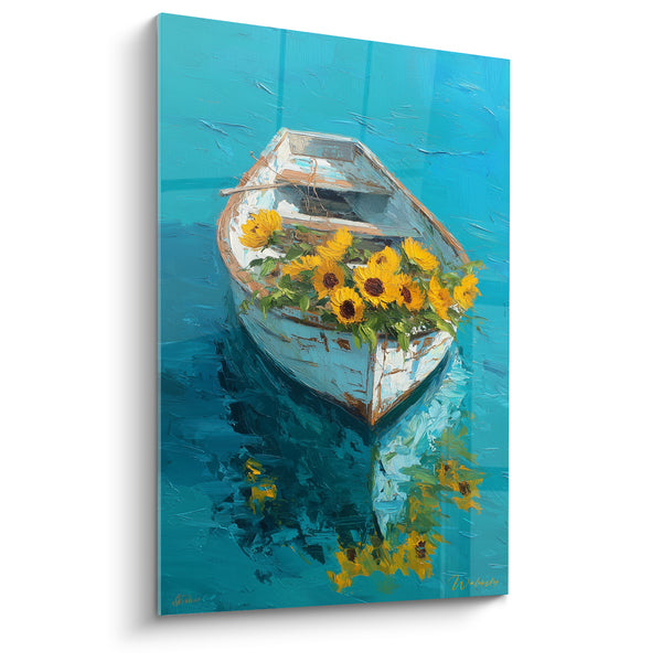 Tableau Barque blanche et turquoise sur eau reflétée - Reflet aquatique des fleurs - Edition Tournesol