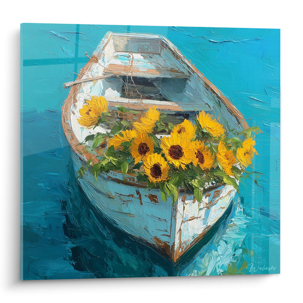 Tableau Barque blanche remplie de tournesols - Dérive fleurie - Edition Tournesol