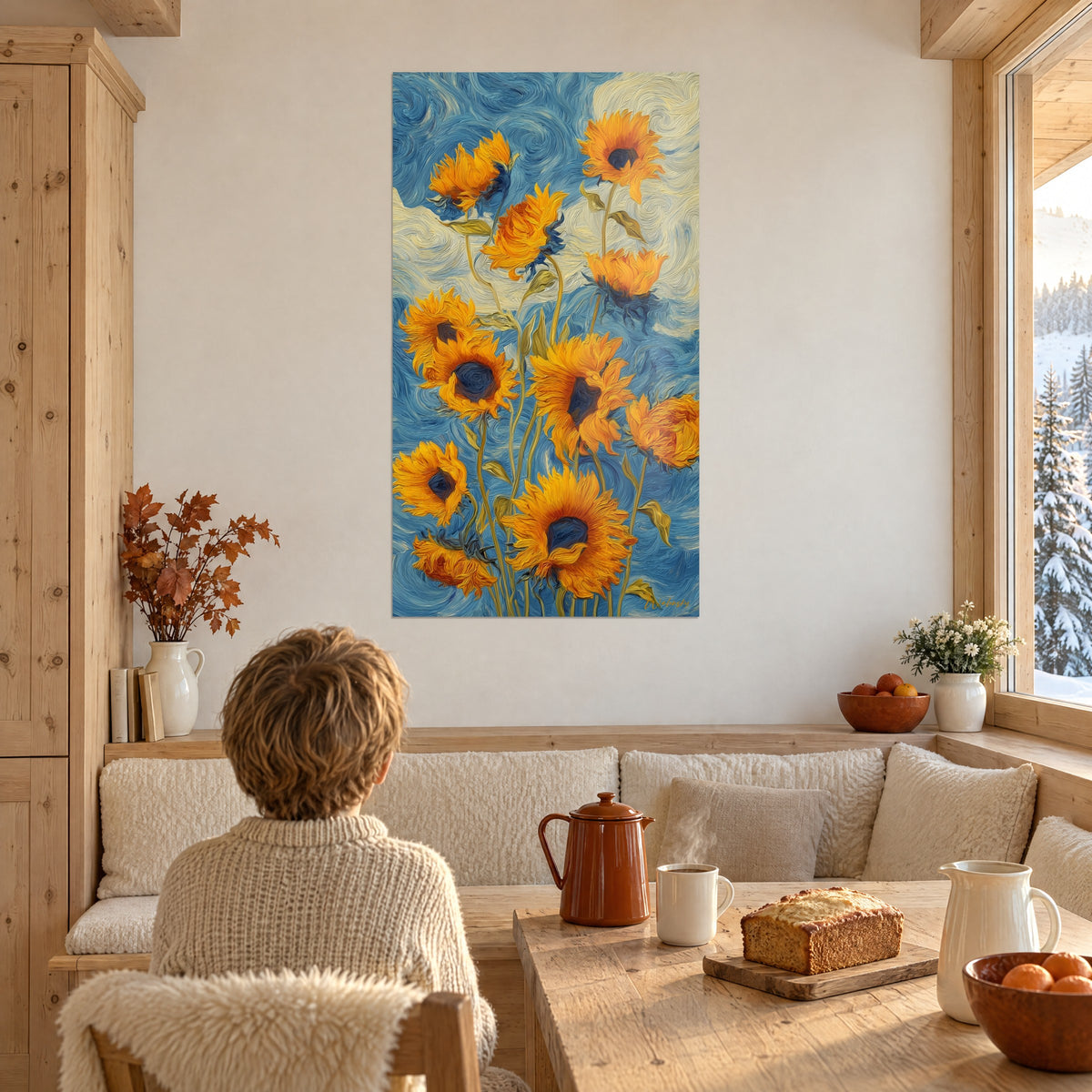 Cuadro de un manojo de girasoles ámbar, pinceladas gruesas de azul cobalto y crema, niño de espaldas junto a una mesa de madera