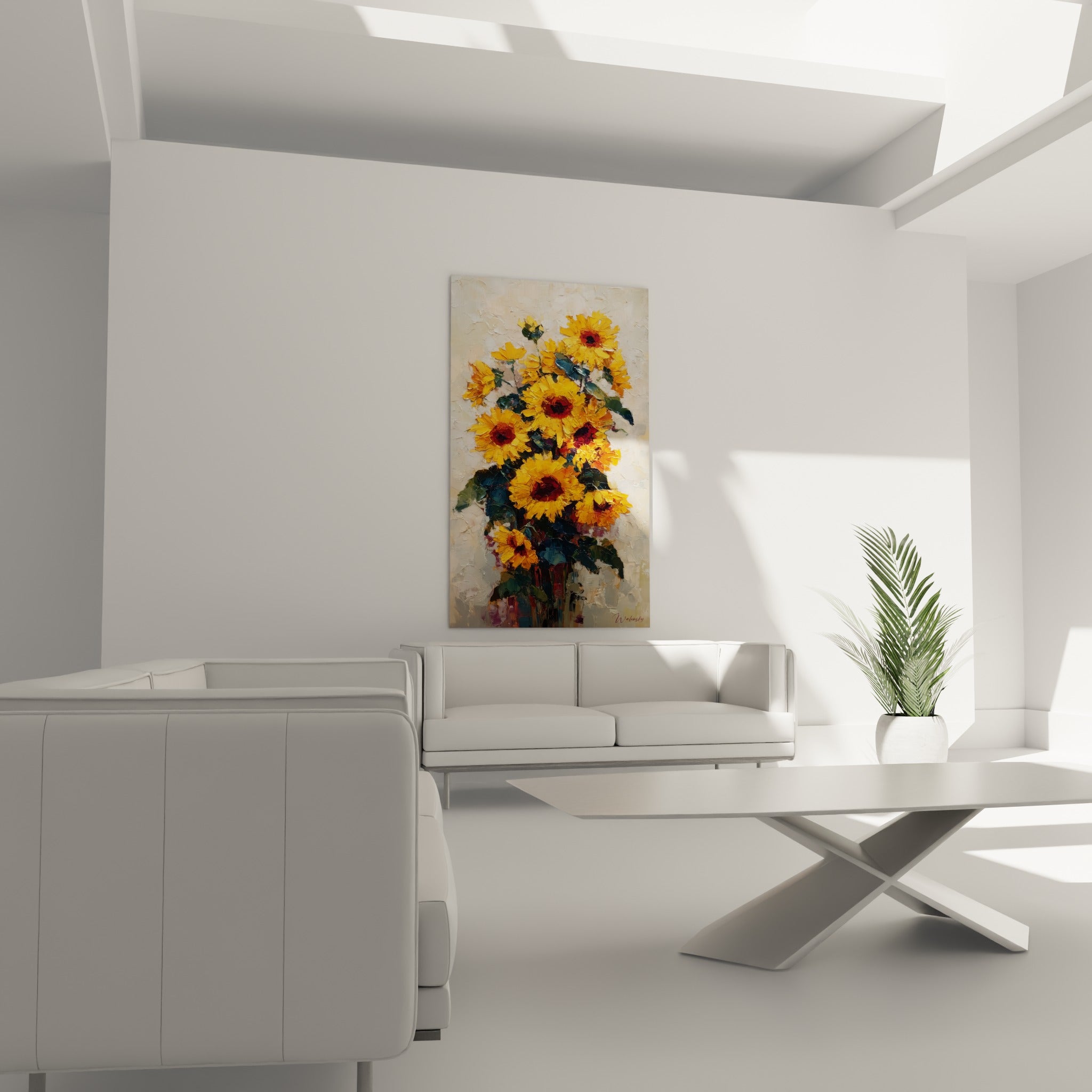 Fleurs de tournesol dorées et bordeaux suspendues au-dessus d'un canapé dans un salon lumineux