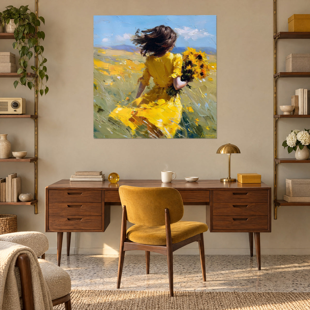 Schilderij vrouw met een boeket zonnebloemen, felgele jurk en blauwige heuvels, opgehangen achter een bureau van warm hout