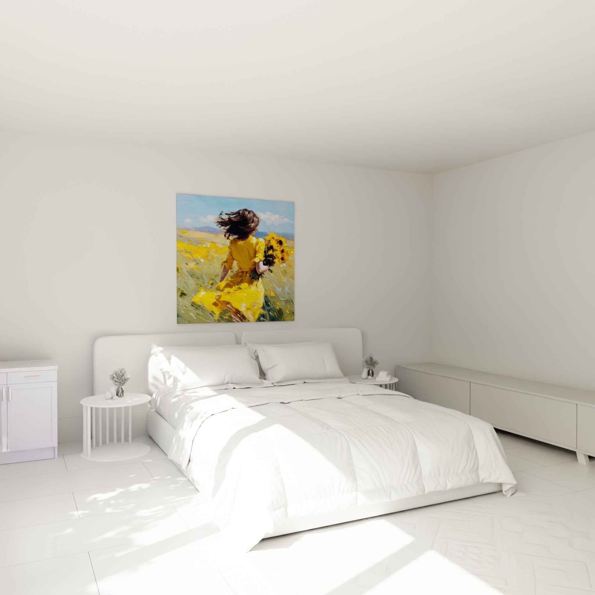 Silhouette en jaune vif tenant un bouquet doré, peinture épaisse au-dessus d'un lit dans une chambre claire
