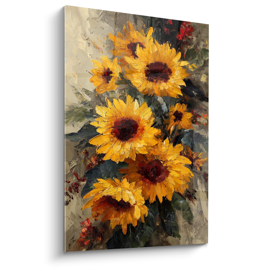 Tableau Tournesols jaunes et bruns au couteau texturé - Oiseau noir caché - Edition Tournesol