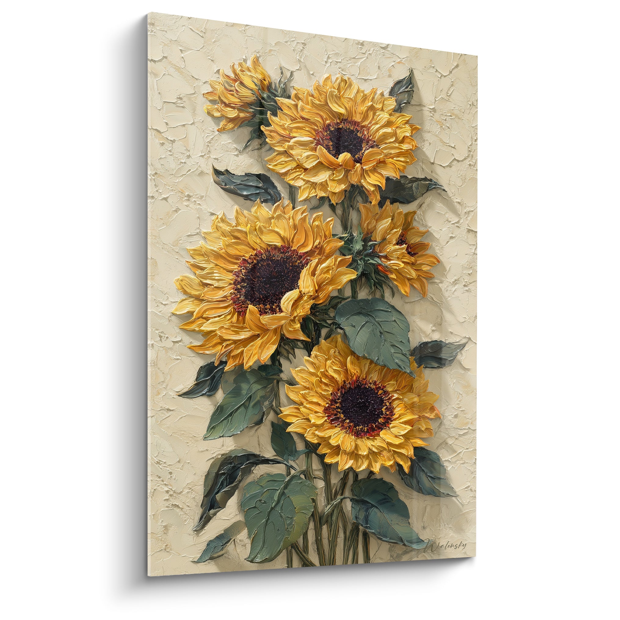 Bouquet de tournesols dorés et feuilles vert olive en relief sur fond ivoire craquelé texturé