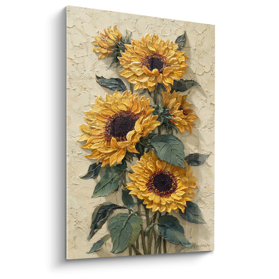 Tableau Bouquet jaune et vert sur mur crayeux - Empâtement floral en relief - Edition Tournesol