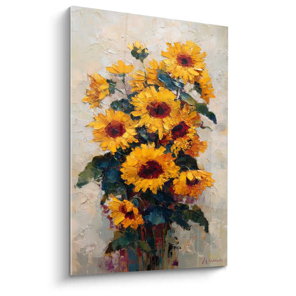Tableau Bouquet de tournesols jaune et bordeaux au couteau - Chaleur d'été - Edition Tournesol
