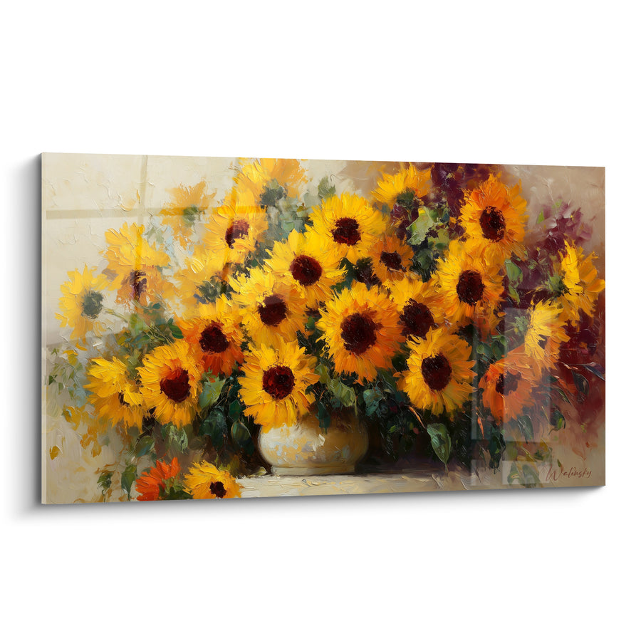 Tableau Bouquet jaune et brun en vase ivoire - Empâtement au couteau - Edition Tournesol