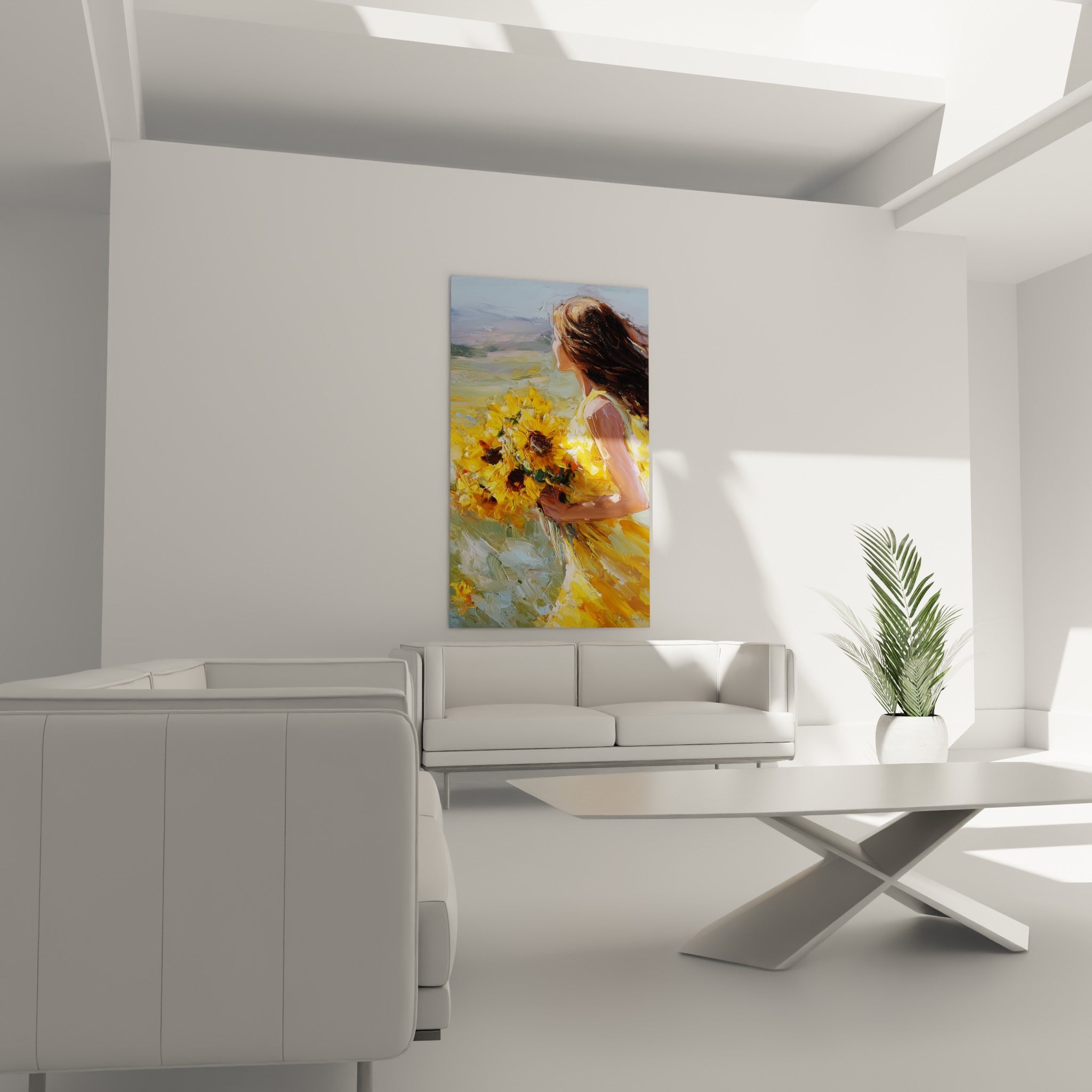 Bouquet de tournesols dorés porté par une femme en robe jaune, au-dessus d'un canapé dans un salon lumineux