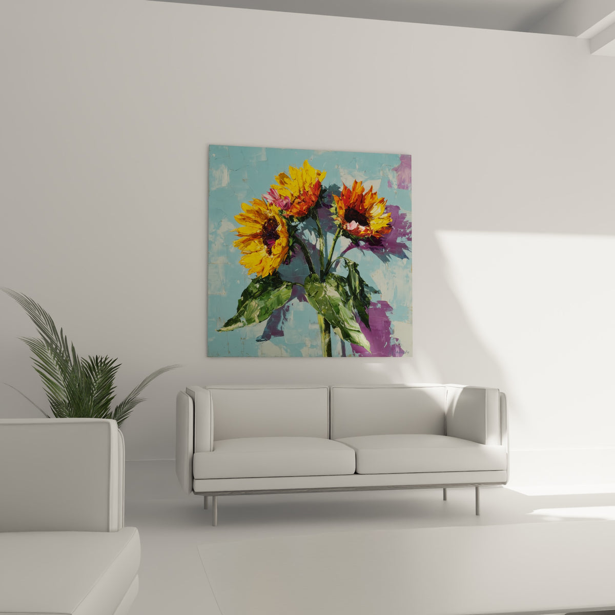 Trois tournesols dorés sur fond turquoise et violet, suspendus au-dessus d'un canapé dans un salon lumineux