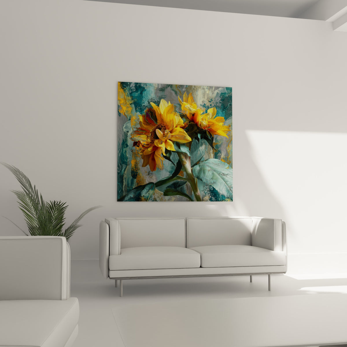Fleurs de tournesol jaunes et brunes à la texture picturale dense, au-dessus d'un canapé dans un salon lumineux