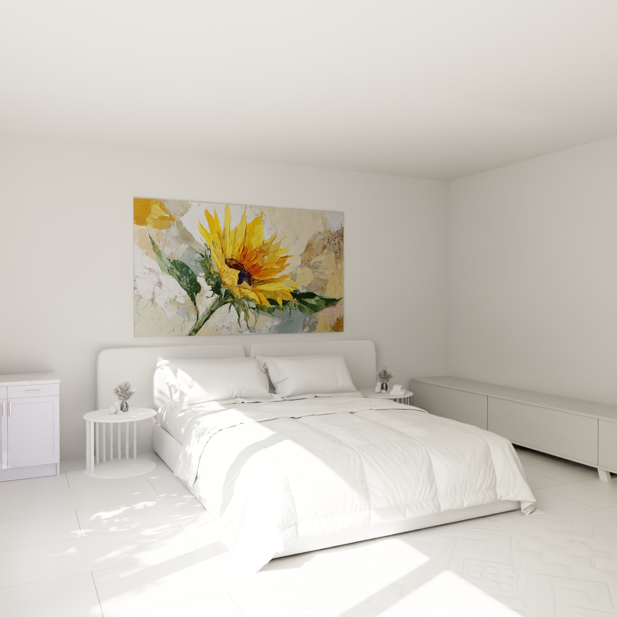 Fleur de tournesol dorée et brune peinte au couteau, accrochée au-dessus d'un lit dans une chambre claire