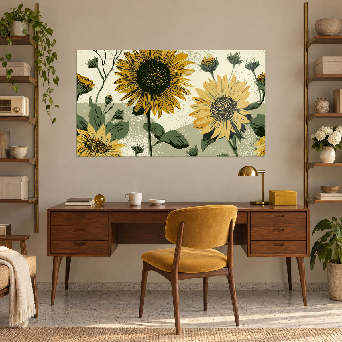 Schilderij met grafische zonnebloemen, saliegroene bladeren en gouden bloemblaadjes, beige muur, houten bureau en mosterdgele stoel