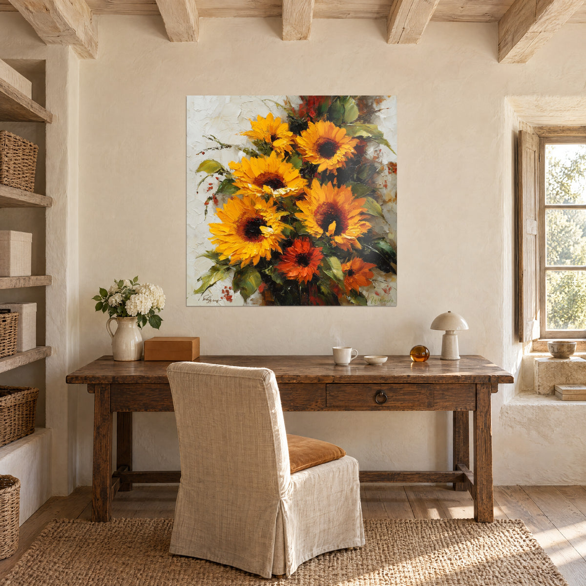 Cuadro luminoso ramo de girasoles en tonos ámbar, hojas verde musgo, fondo marfil texturizado, sobre un escritorio de madera