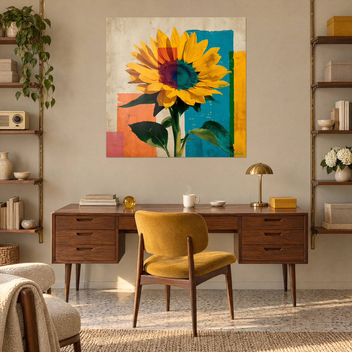 Tableau fleur solaire à disque bordeaux et vert émeraude sur fond bleu et orange, au-dessus d'un bureau en bois et d'un fauteuil jaune moutarde