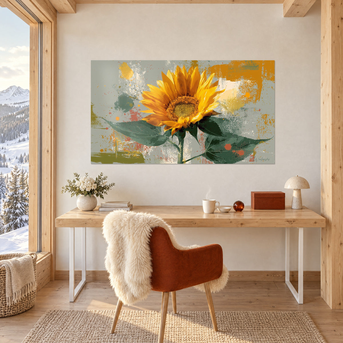Wall art dazzling sunflower, golden-yellow petals over ochre and grey splashes, facing a light wood desk