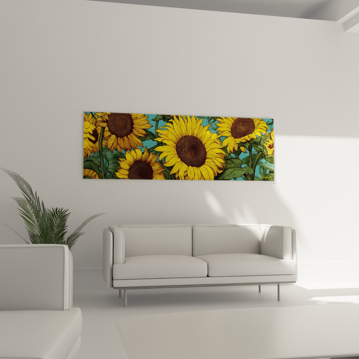 Grands tournesols jaunes au fond turquoise, tableau suspendu au-dessus d'un canapé dans un salon lumineux